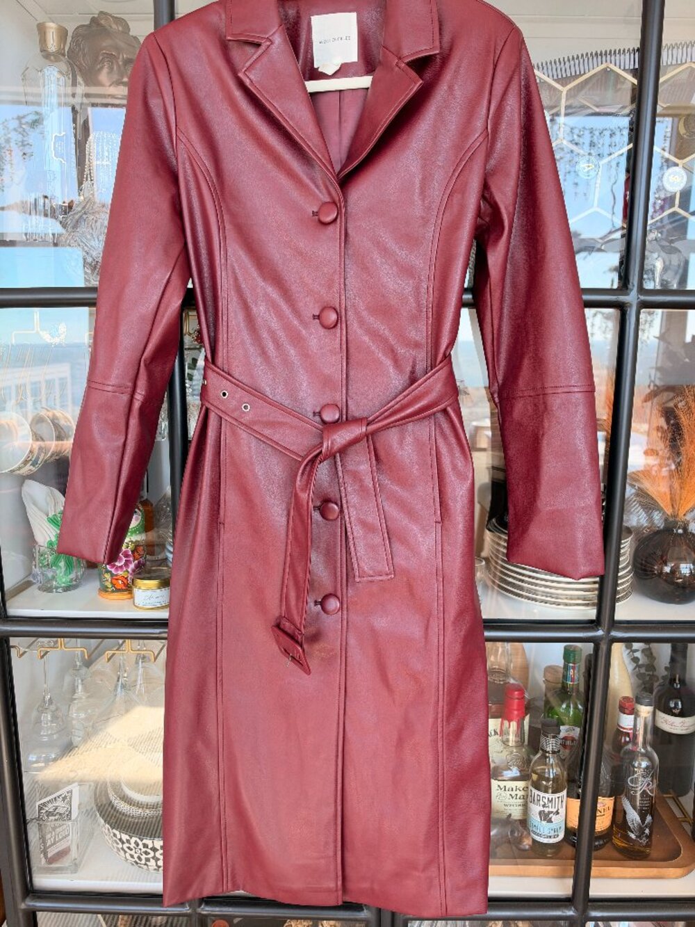AVEC LES FILLES Burgundy Faux Leather Belted Trench Coat